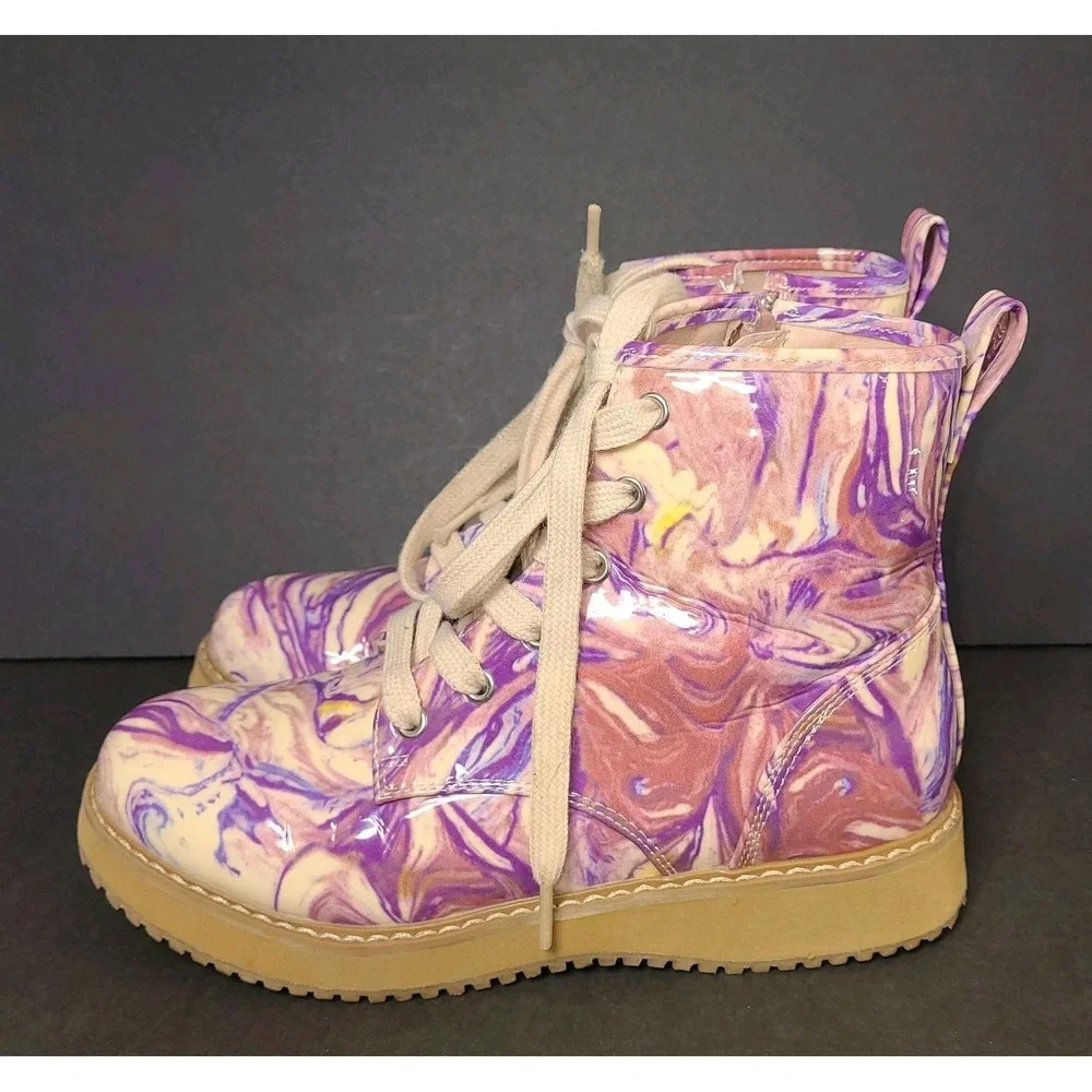Steve Madden Joliviaa Combat Boots Youth 4 Purple Marble Lace Up Side Zip